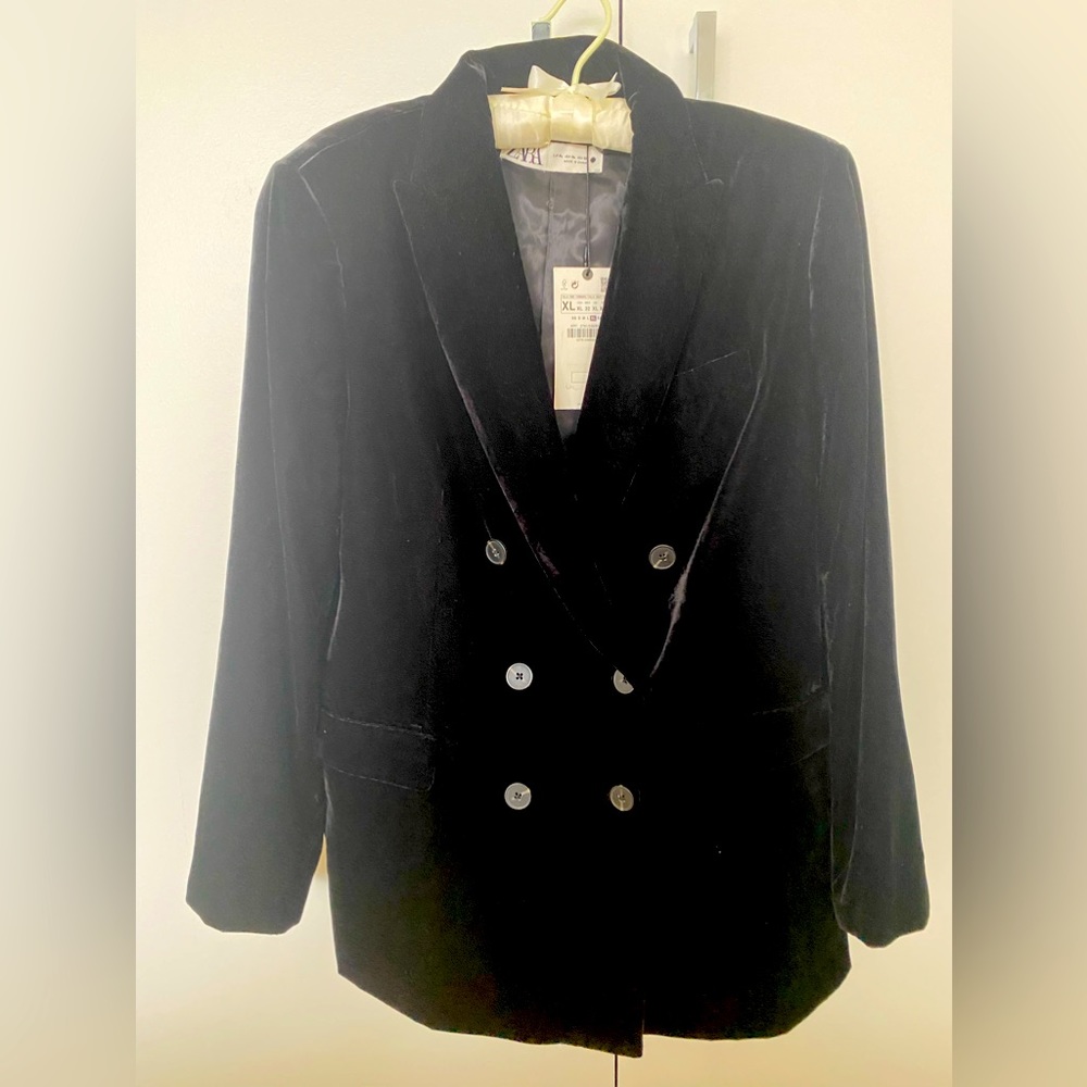 NWT Zara Black Velvet Double Breasted Blazer XL
